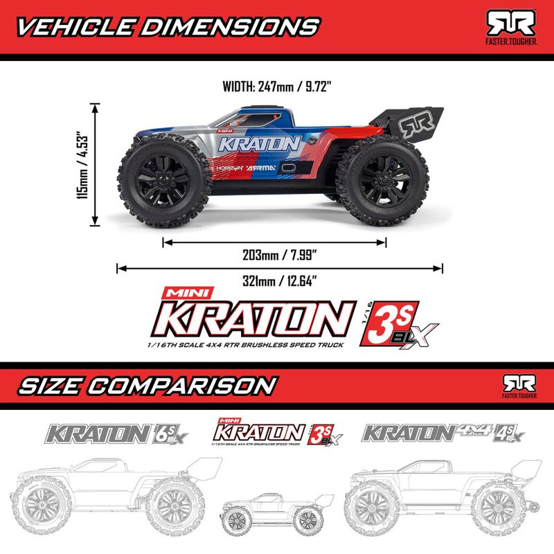 1/16 Arrma Mini Kraton 3S DSC 4x4 Børsteløs ARTR